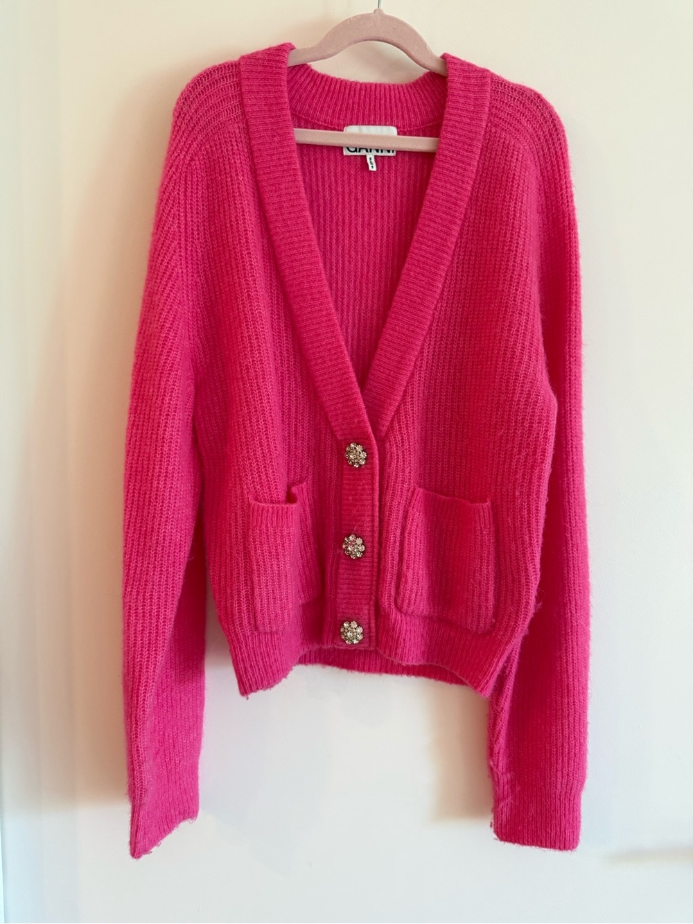 GANNI Pink Alpaca Wool Jeweled Button Cardigan Size XS